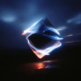 Glowing abstract diamond-shaped light hovering over a dark reflective surface at night.