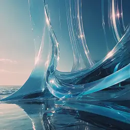 Abstract glass-like fluid shapes reflecting sky and ocean under soft sunlight.