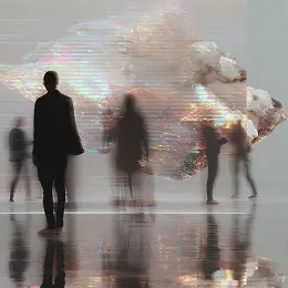 Silhouettes of people standing and walking in a reflective space with abstract cloud shapes in the background.