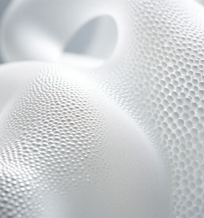 Close-up of a smooth white surface with a honeycomb texture of hexagonal indentations.