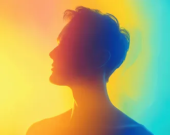 Silhouette of a person in profile with colorful gradient light blending yellow, orange, and blue hues.