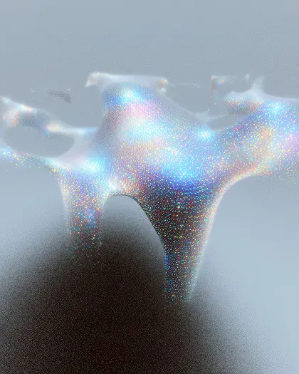 Abstract iridescent structure with glowing, glittery surface forming arch shapes on gray background.