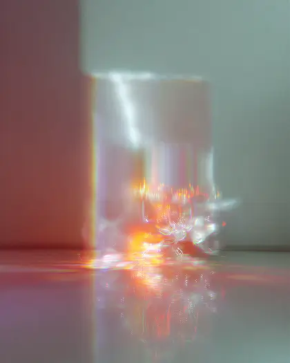 Abstract blurry glass or translucent object reflecting warm light and colors on a surface.