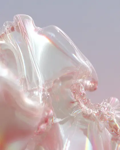Close-up of translucent, iridescent pink and white abstract shapes with soft lighting.
